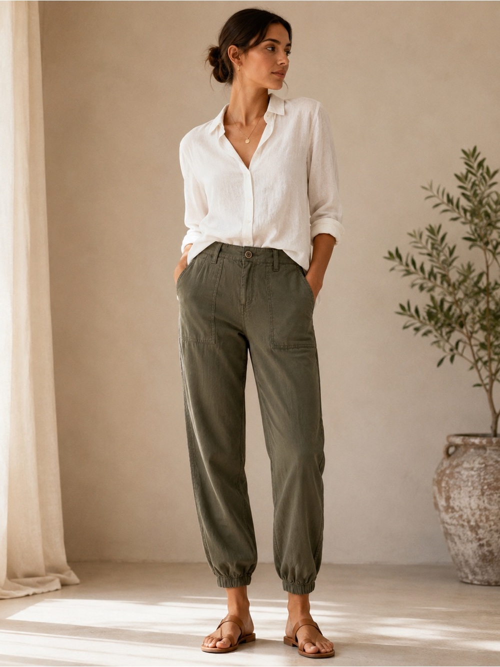 NWT Level 99 Evereve Izzy Linen Blend Utility Jogger Pants Seaweed 25 $148
